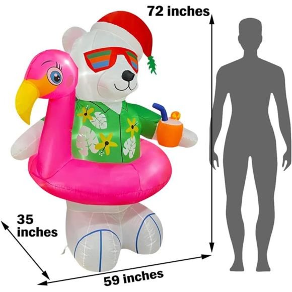 6ft Christmas Inflatables Hawaiian Polar Bear with Flamingo Pool Float Decor - Picture 6 of 6